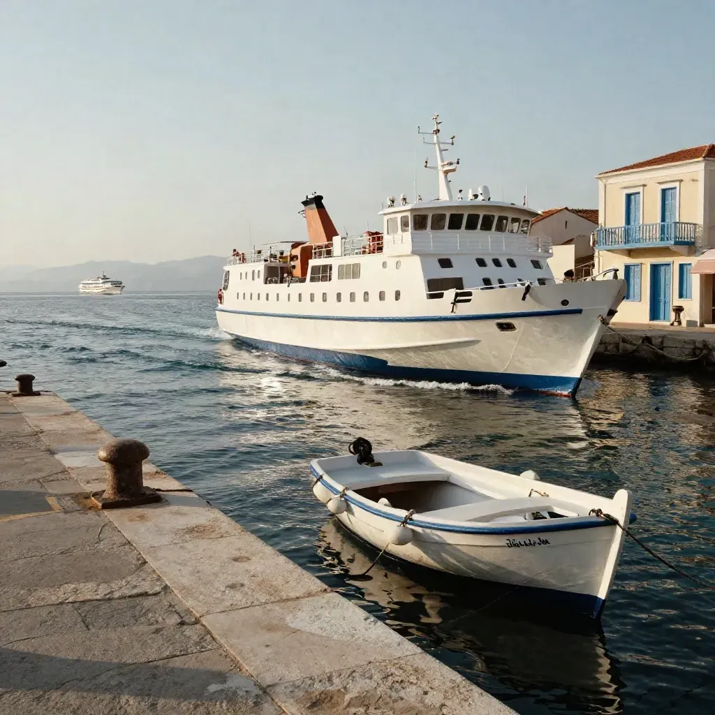 En båt lämnar kajen i Paros hamn med vita fasader och glittrande vatten.