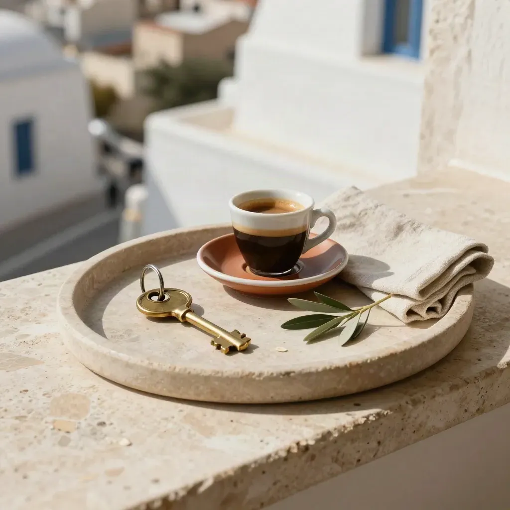 Nyckel, espressokopp och linnetyg på stenbricka i mjukt morgonljus.